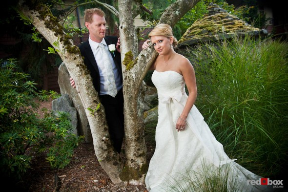 On their wedding day, Angi and Mike pose for a photograph at Willows Lodge in Woodinville, WA. (Photo by Dan DeLong/Red Box Pictures)