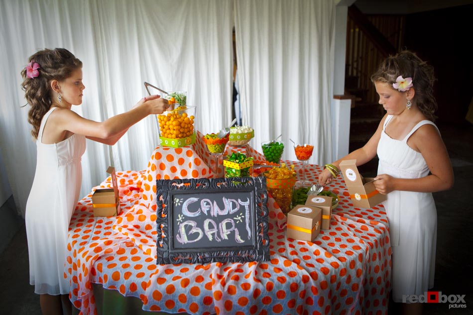 The two flower girls dig into the candy bar at the reception at Greenbank Farm on Whidbey Island, Washington. wedding photographer Scott Eklund Red Box Pictures Seattle