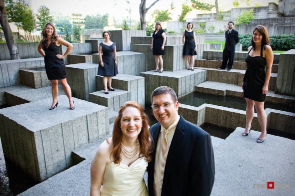 Katherine and Bryan and their wedding party pose in Seattle's Freeway Park. (Photo by Dan DeLong/Red Box Pictures)