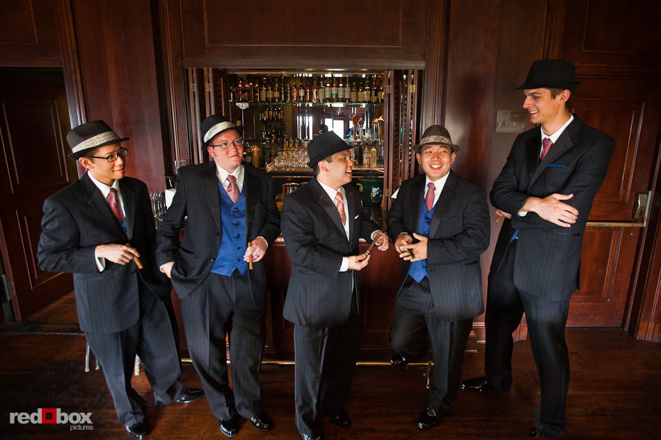 Groom and his groomsmen hangout at the bar before the wedding ceremony at the Golf Club at Newcastle. (Photo by Rob Sumner/Red Box Pictures)