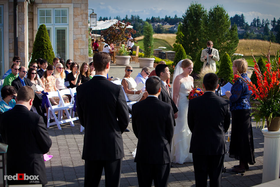 Wedding Ceremony on the patio at the Golf Club at Newcastle. (Photo by Rob Sumner/Red Box Pictures)