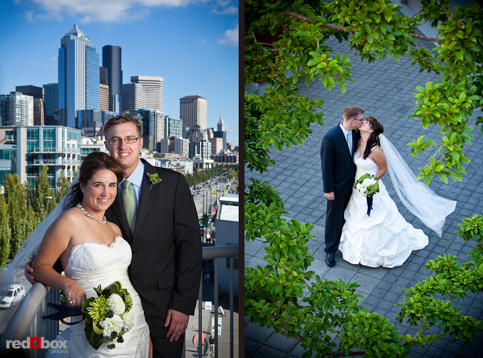 Megan and Charlie with the Seattle skyline on the waterfront during their wedding at the Edgewater Hotel in Seattle Saturday, Aug. 28, 2010. (Photo by Andy Rogers/Red Box Pictures)