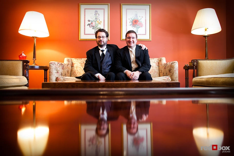 Groom Bryan and his best man are photographed in one of classic Women's University Club in Seattle. (Photo by Dan DeLong/Red Box Pictures)