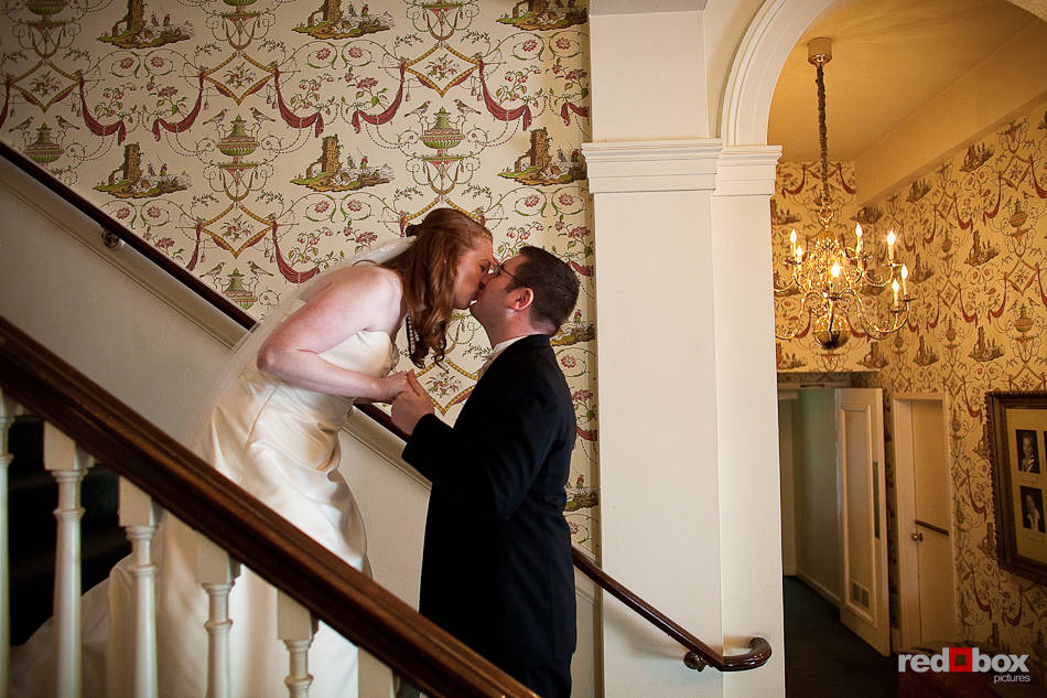 Katherine and Bryan's kiss after their first look before their at the Women's University Club in Seattle. (Photo by Dan DeLong/Red Box Pictures)