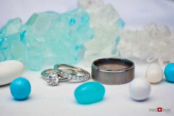 Angi and Mike's rings pictured with sweets from their candy bar at Willows Lodge in Woodinville, WA. (Photo by Dan DeLong/Red Box Pictures)