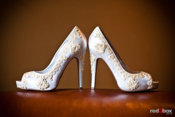 Angi's wedding shoes photographed at Willows Lodge in Woodinville, WA. (Photo by Dan DeLong/Red Box Pictures)