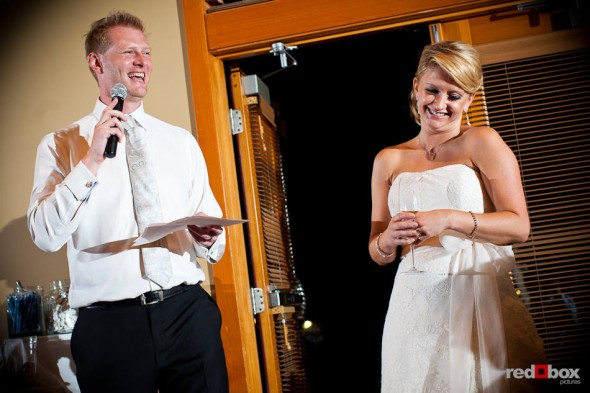 Mike toasts his new wife, Angi, during their wedding reception at Willows Lodge in Woodinville, WA on Sunday, August 29, 2010.