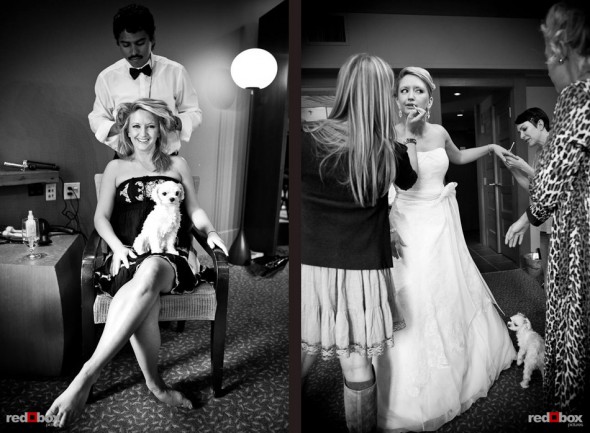 Angi has her hair and makeup doing before marrying Mike at Willows Lodge in Woodinville, WA. (Photo by Dan DeLong/Red Box Pictures)