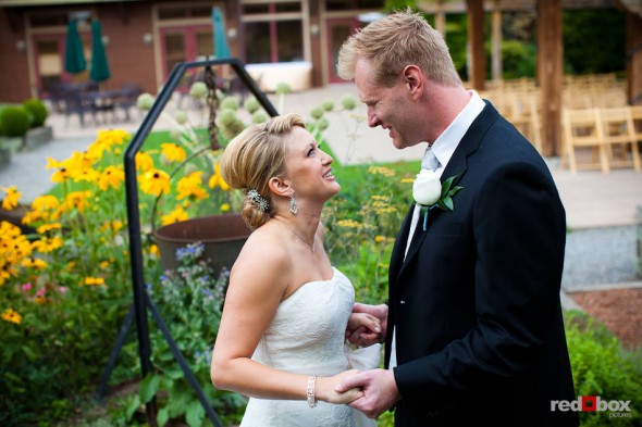 Angi and Mike have their first look on their wedding day at Willows Lodge in Woodinville, WA. (Photo by Dan DeLong/Red Box Pictures)
