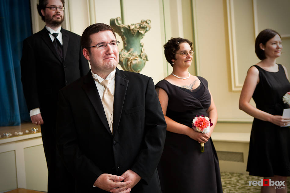 Bryan is overcome as his wife-to-be Katherine enters for their wedding at the Women's University Club in Seattle . (Photo by Dan DeLong/Red Box Pictures)
