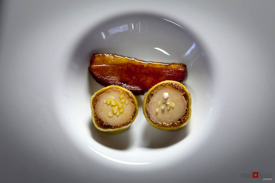Sicilian figs filled with foie gras with duck ham created by Chef Scott Carsberg at Bisato Restaurant in Seattle. Seattle Food Photography By Scott Eklund/Red Box Pictures