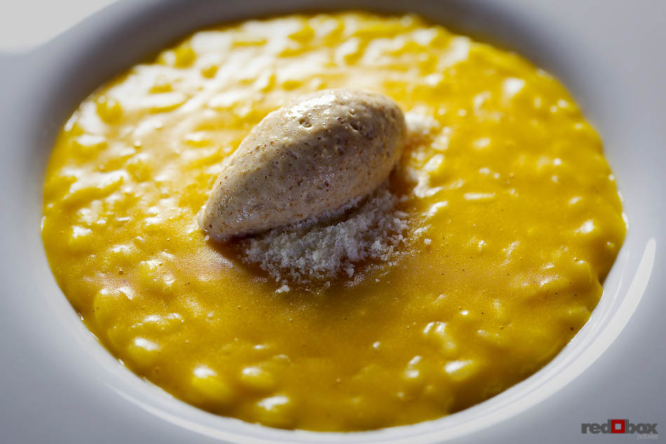 Butternut squash risotto with Amaretto cream and Parmigiano Reggiano created by Chef Scott Carsberg at Bisato Restaurant in Seattle, Wash. (Seattle Food Photography By Scott Eklund/Red Box Pictures)
