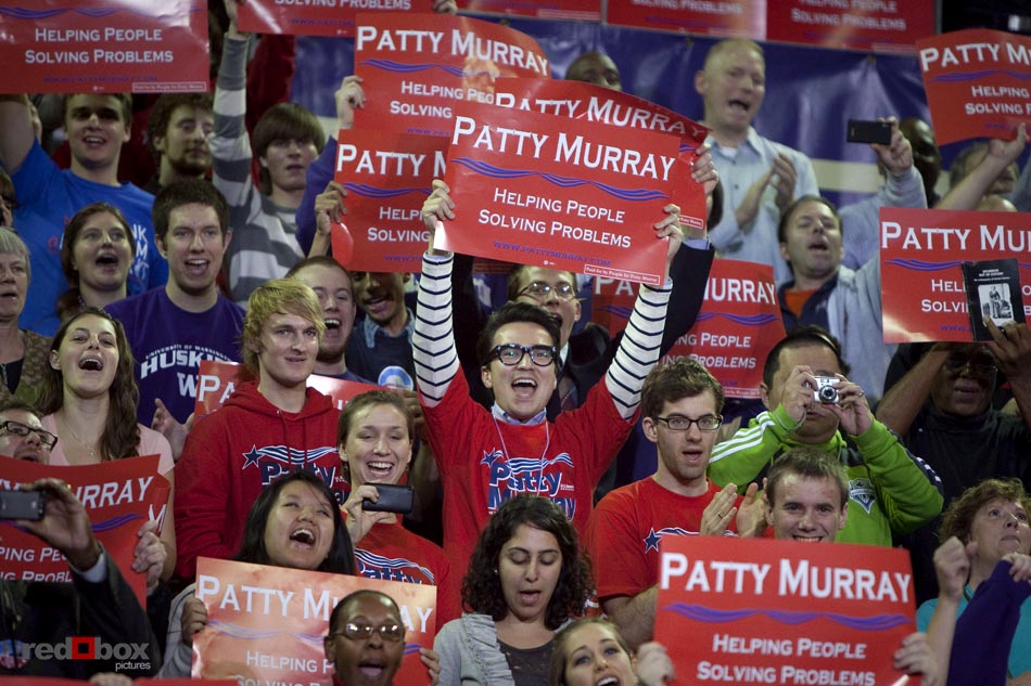 Supporters hold campaign signs for Senator Patty Murray at the University of Washington on Thursday October 21, 2010. (Photography By Scott Eklund/Red Box Pictures)