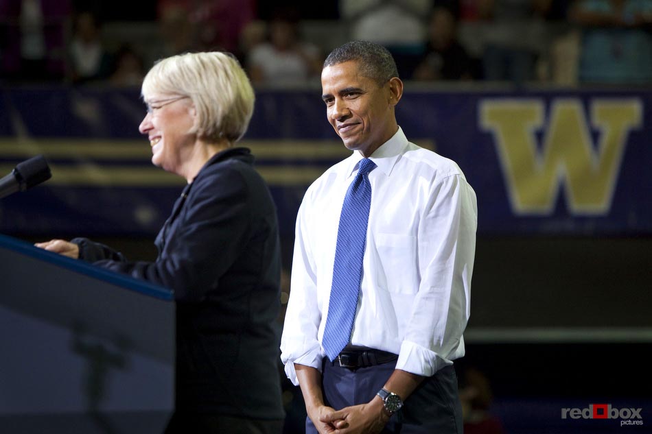 President Barrack Obama watches as Senator Patty Murray speaks at the University of Washington on October 21, 2010. (Photography By Scott Eklund/Red Box Pictures)