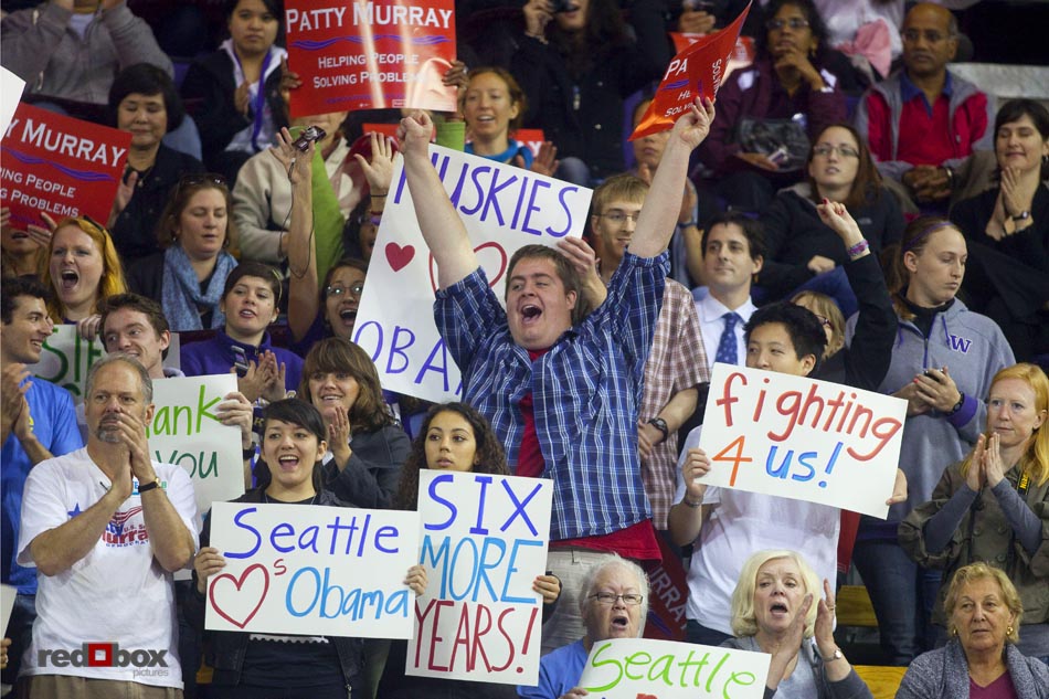 Fans cheer as President Barack Obama campaigns for Senator Patty Murray at the University of Washington on Thursday October 21, 2010. Photography By Scott Eklund/Red Box Pictures/Seattle