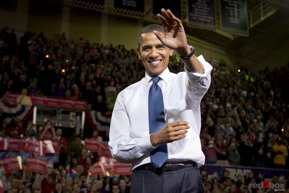President Barack Obama waves at the crowd as he campaigns for Senator Patty Murray at the University of Washington on Thursday October 21, 2010. (Photography: Scott Eklund/Red Box Pictures)
