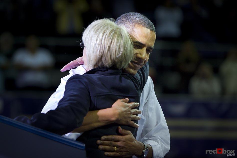 President Barack Obama give U.S. Senator Patty Murray a hug after her speech at the University of Washington. Photography By Scott Eklund/Red Box Pictures