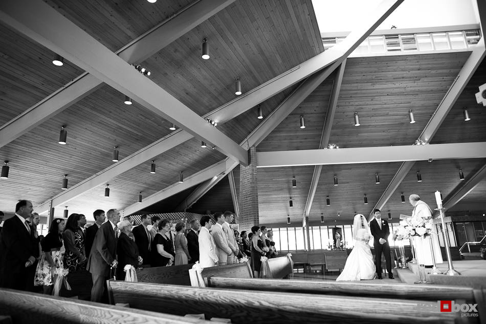 An overall photo of Nadine and Brian's wedding at St. Madeleine Sophie Catholic Church in Bellevue. (Photo by Dan DeLong/Red Box Pictures)