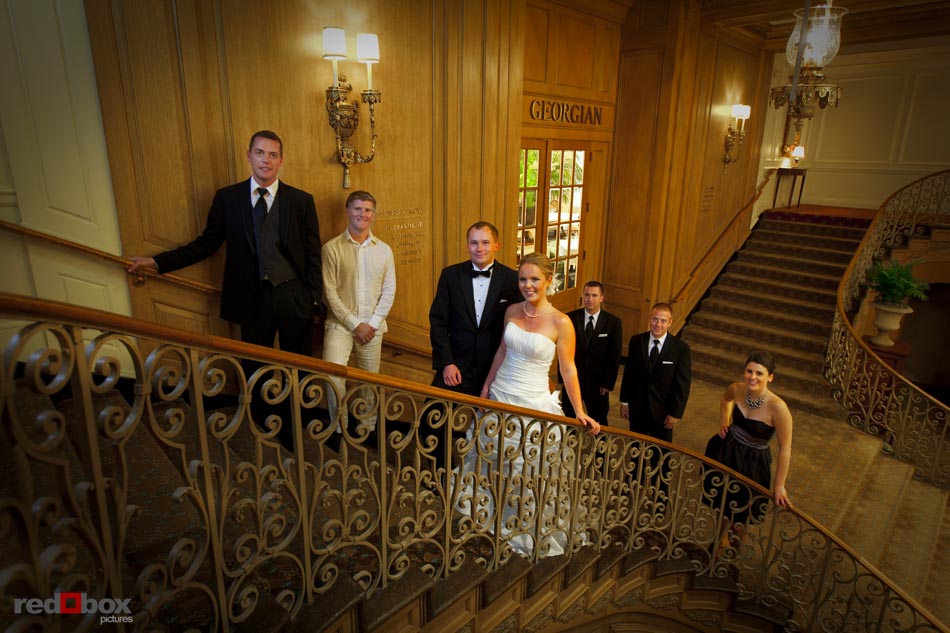 The wedding party at the Fairmont Olympic Hotel, before the wedding at the Top of the Market at the Pike Place Market in Seattle, Wash. Wedding Photographer/Scott Eklund/Red Box Pictures/Seattle