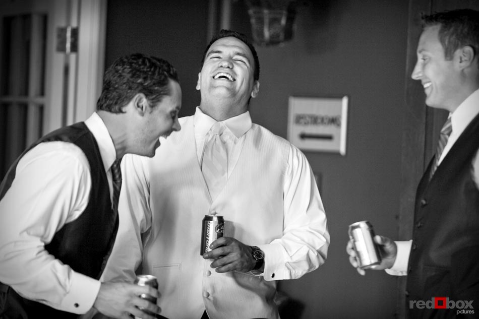 The groom and his groomsmen laugh it up prior to the wedding at The Hall at Fauntleroy in Seattle, Washingon. (Seattle Wedding Photography Rob Sumner Red Box Pictures)
