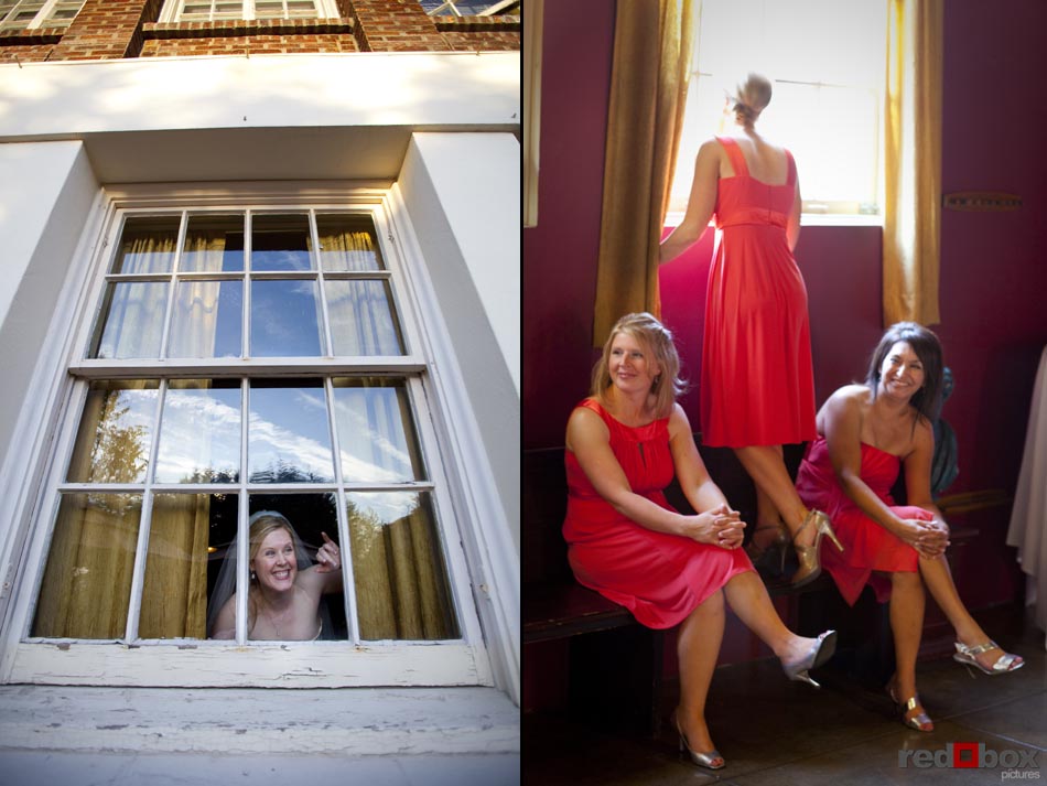 The bride and her bridesmaids peek out the window prior to the start of the wedding at The Hall at Fauntleroy in Seattle, Washington. Wedding Photography Scott Eklund Red Box Pictures Seattle