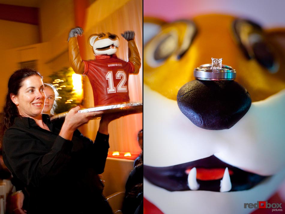The bride surprised the groom with a special groom's cake of the WSU mascot Butch the Cougar during the reception at The Hall at Fauntleroy in Seattle, Washington. Seattle Wedding Photographer Red Box Pictures Scott Eklund