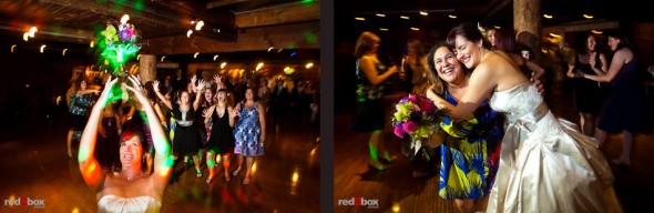 Suzy throws her bouquet during her wedding reception at Kiana Lodge in Poulsbo, WA. (Photo by Dan DeLong/Red Box Pictures)