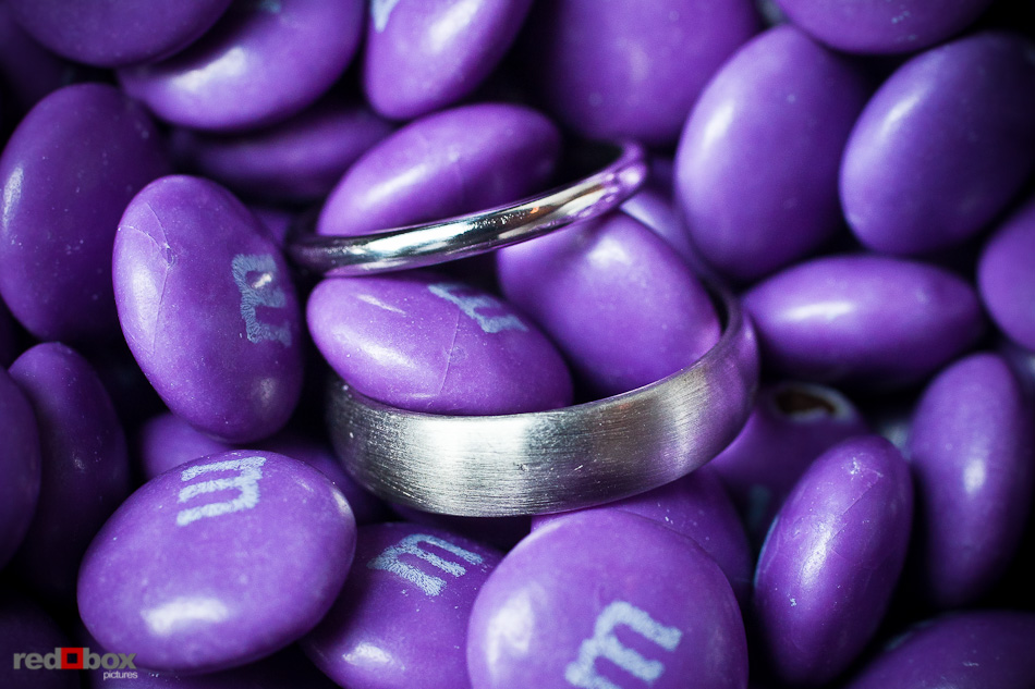 Lisa and Alex's wedding bands are shown with the purple MMs from their 