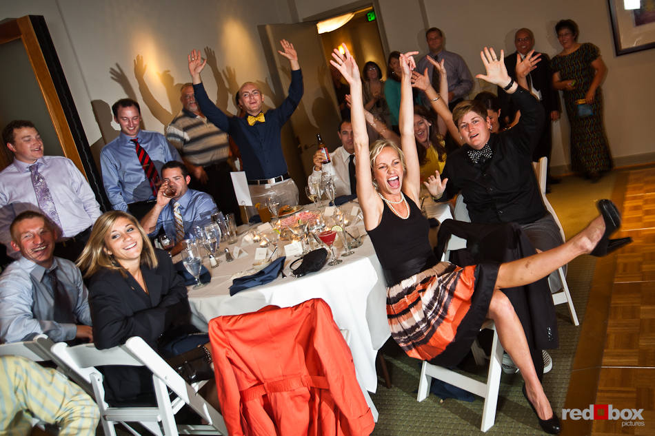 Guests of Nadine and Brian's wedding react to the introduction of Dueling Pianos of Jeff & Rhiannon of Noteworthy Productions, Inc. at the Plateau Club in Sammamish, WA. (Photo by Dan DeLong/Red Box Pictures)
