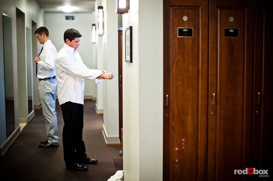 Brian gets dressed for his wedding at the Plateau Club in Sammamish, WA. (Photo by Dan DeLong/Red Box Pictures)