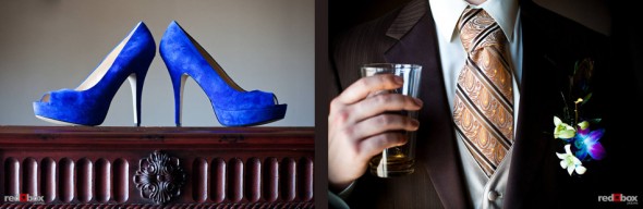Liz's wedding shoes and Ted's tie photographed before their marriage at Hidden Meadows in Snohomish, WA. (Photo by Dan DeLong/Red Box Pictures)
