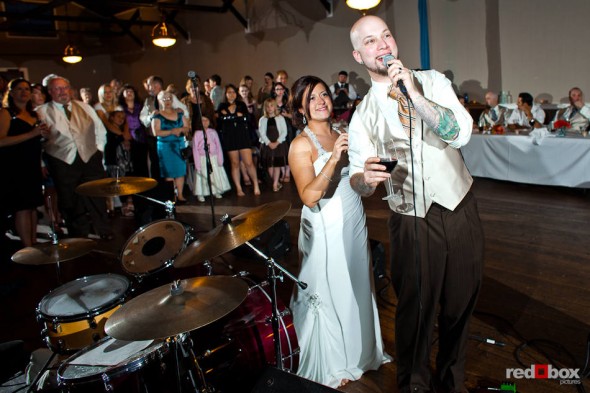 Liz and Ted thank guests during their wedding reception at Hidden Meadows, a wedding facility in the countryside near Snohomish, WA. (Photo by Dan DeLong/Red Box Pictures)