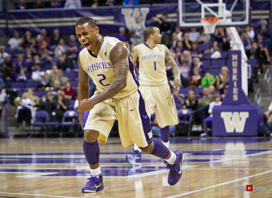 Washington Huskies' reacts after making a consecutive 3-point baskets against the McNeese State Cowboys during the men's basketball season opener at UW's Hec Edmundson Pavilion. (Photo by Dan DeLong/Red Box Pictures)