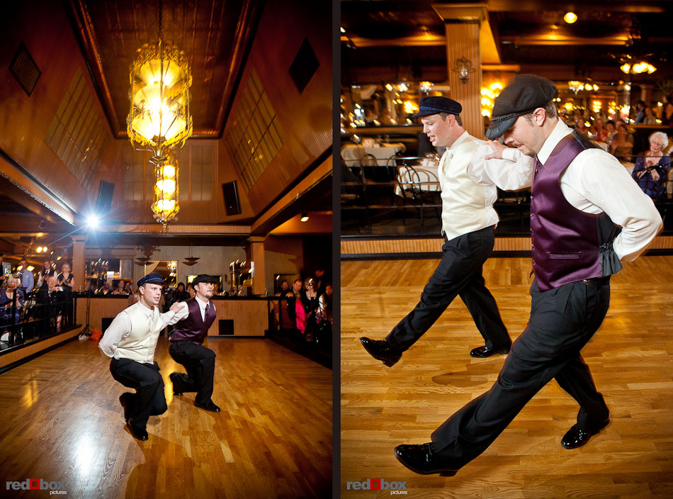 Nick performs a traditional Greek dance with his brother during the wedding reception at the Lake Union Cafe in Seattle. (Photography by Andy Rogers/Red Box Pictures)