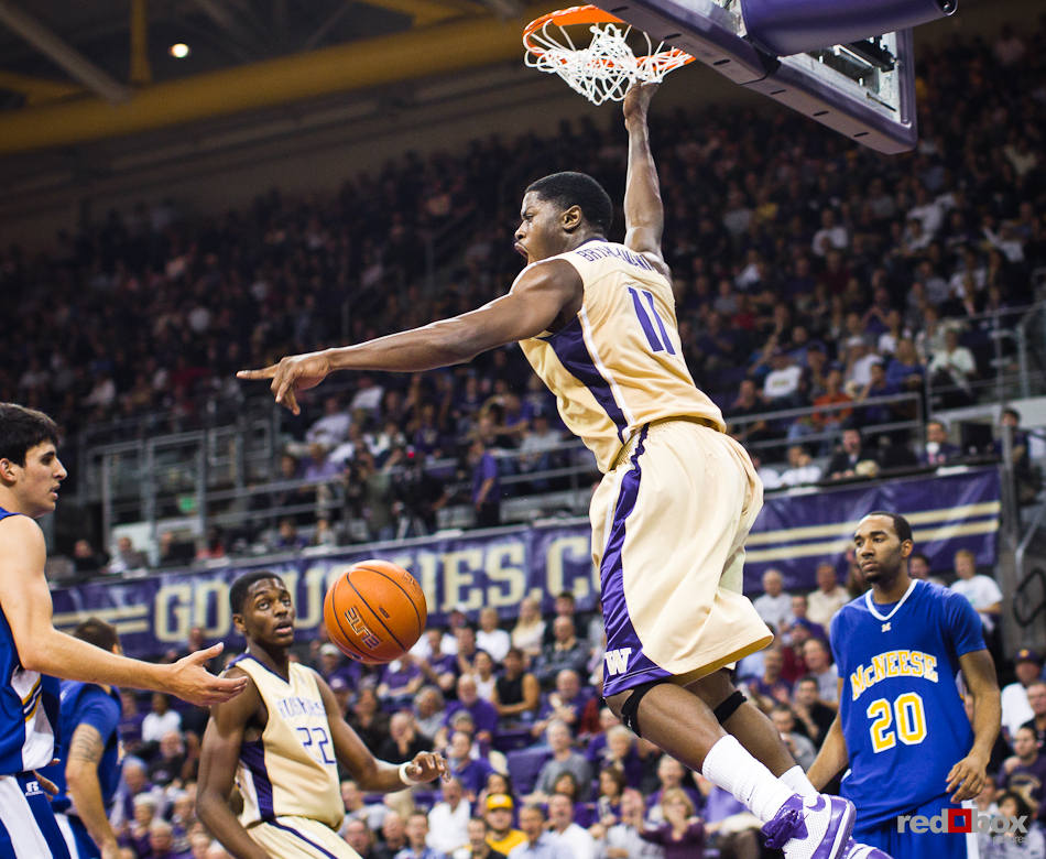 Washington Huskies' Matthew Bryan-Amaning celebrates a dunk, on his way to a career-high 28 points, against the McNeese State Cowboys during thethe men's basketball season opener at UW's Hec Edmundson Pavilion. (Photo by Dan DeLong/Red Box Pictures)