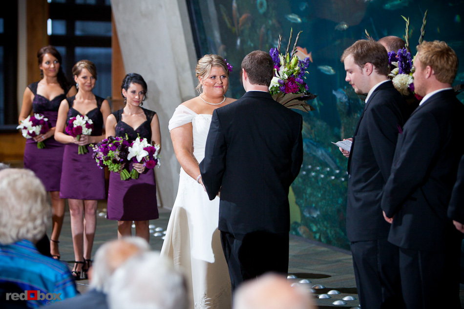 Mary and Nick exchange vows during their wedding ceremony at the Seattle Aquarium. (Photography by Andy Rogers/Red Box Pictures)