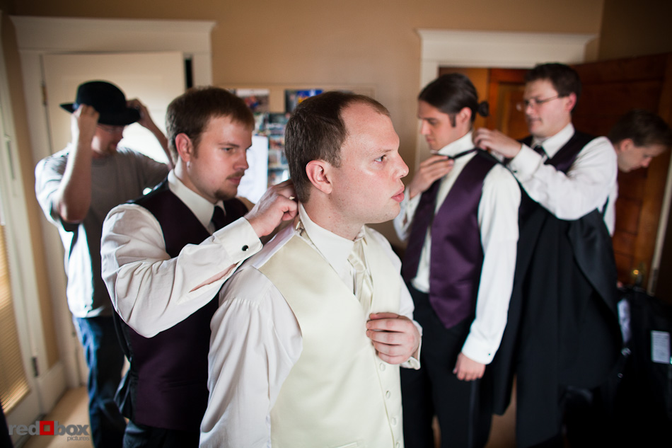 Nick and his groomsmen get ready at his home prior to the wedding ceremony at the Seattle Aquarium. (Photography by Andy Rogers/Red Box Pictures)
