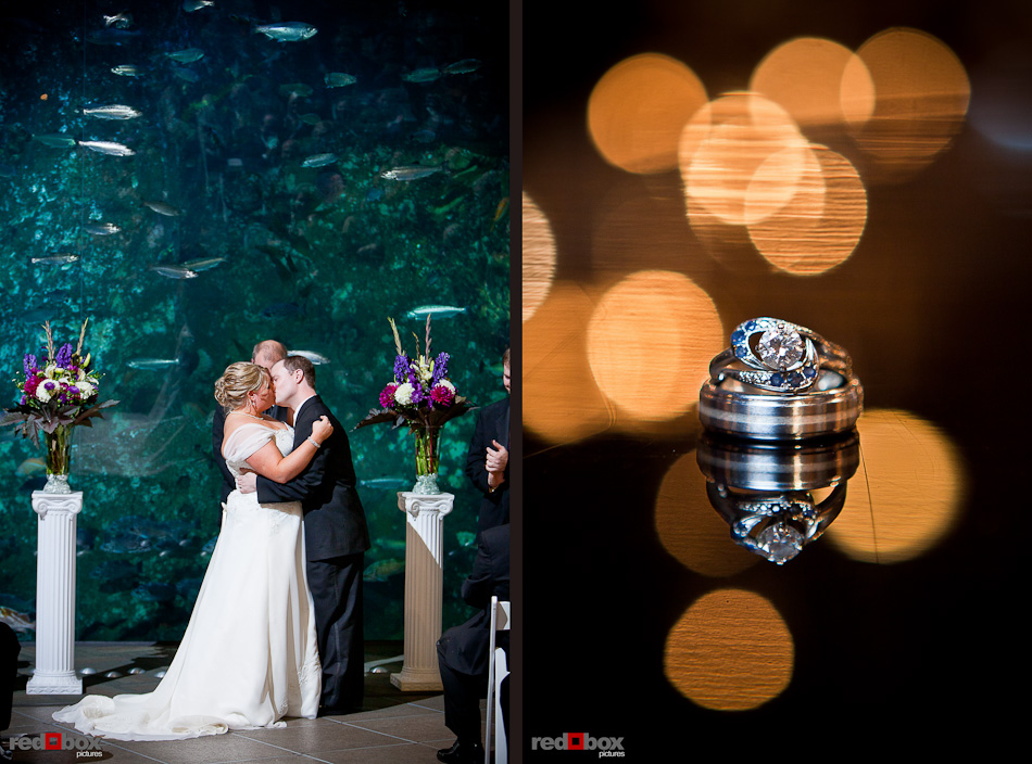 Mary and Nick kiss after being married at the Seattle Aquarium. The couple's wedding rings are shown on a piano at the Lake Union Cafe in Seattle. (Photography by Andy Rogers/Red Box Pictures)