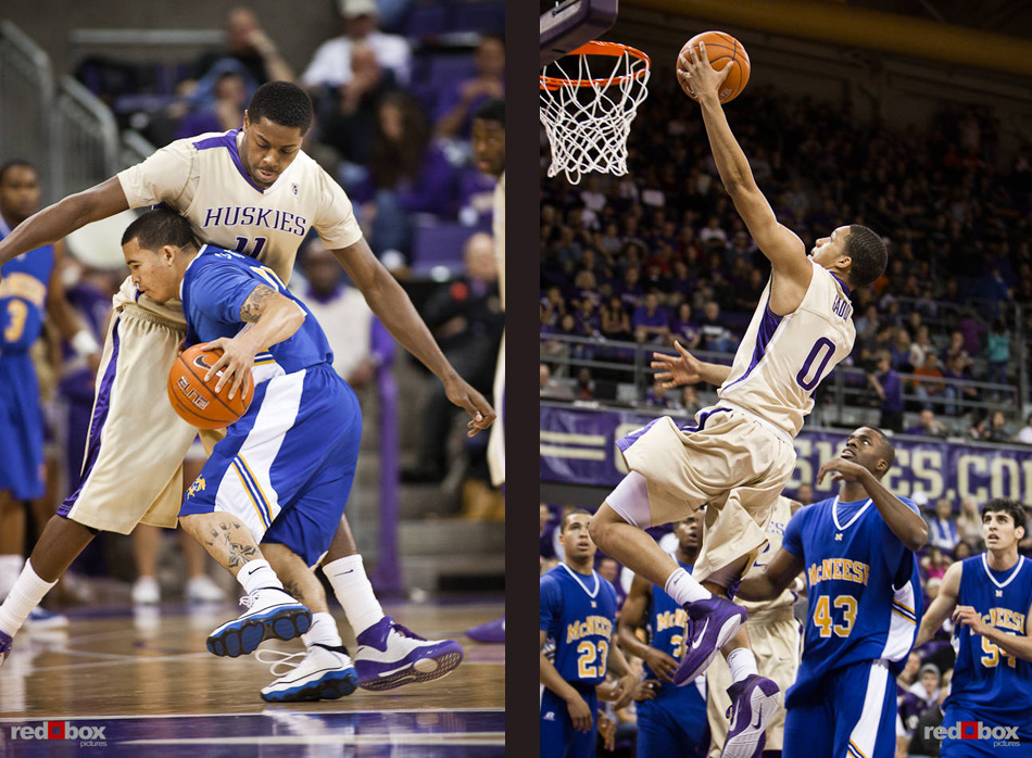 Washington Huskies' center Michael Bryan-Amaning defends and guard Abdul Gaddy shoots against the McNeese State Cowboys during the men's basketball season opener at UW's Hec Edmundson Pavilion. (Photo by Dan DeLong/Red Box Pictures)
