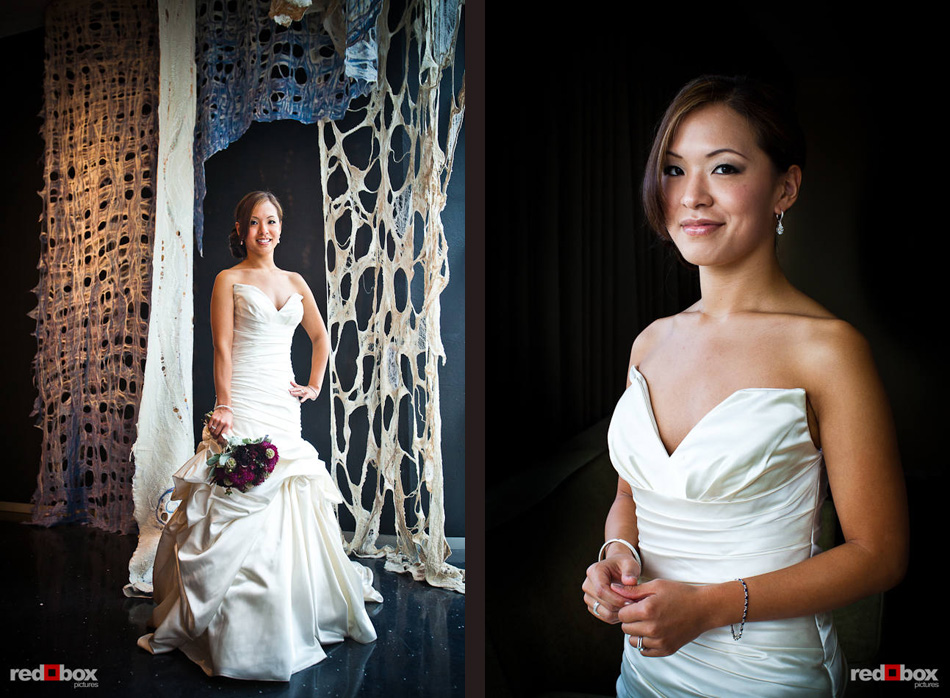 The bride, Nora, poses for portraits in the Bellevue Art Museum. (Photo by Dan DeLong/Red Box Pictures)