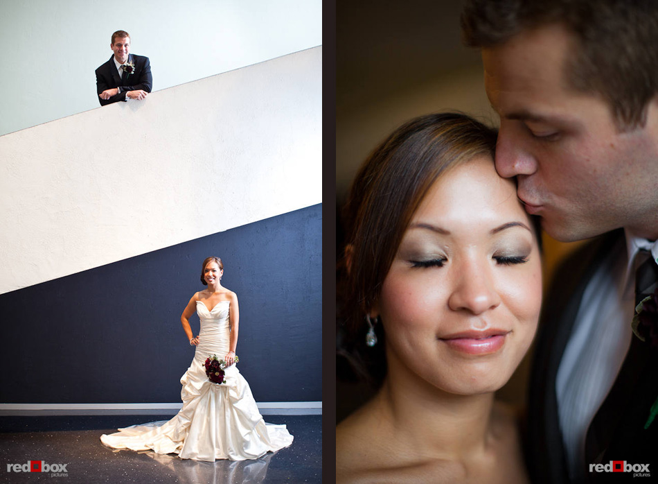 A portrait of newlyweds Nora and Neill at the Bellevue Art Museum. (Photo by Dan DeLong/Red Box Pictures)