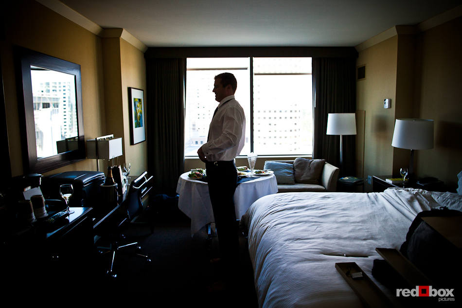 Neill gets ready for his wedding with Nora in a room at the Westin Hotel in downtown Bellevue, WA. The were married at the First United Methodist Church in Bellevue, WA and had their wedding reception at the Bellevue Art Museum. (Photo by Dan DeLong/Red Box Pictures)