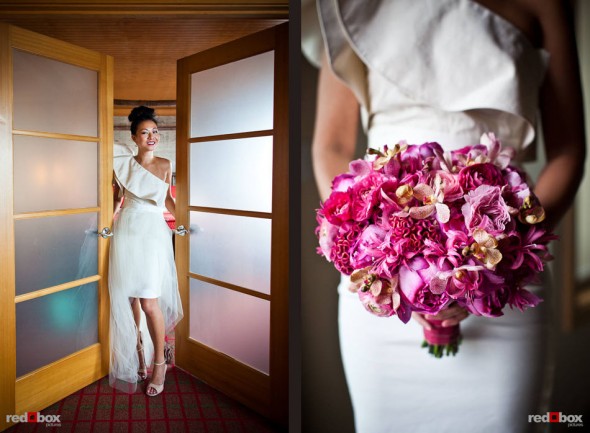 Angie, with her flowers, in her Edgewater hotel room before her Seattle wedding with Jordan. (Photo by Dan DeLong/Red Box Pictures)