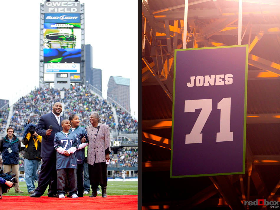 Walter Jones, along with his children son Walterius and daughter Waleria, and mother Earline watch as his number is retired during the two-minute warning of the first half of the Seattle Seahawks game at Qwest Field in Seattle on Sunday December 5, 2010.(Seattle Sports Photography By Scott Eklund/Red Box Pictures)