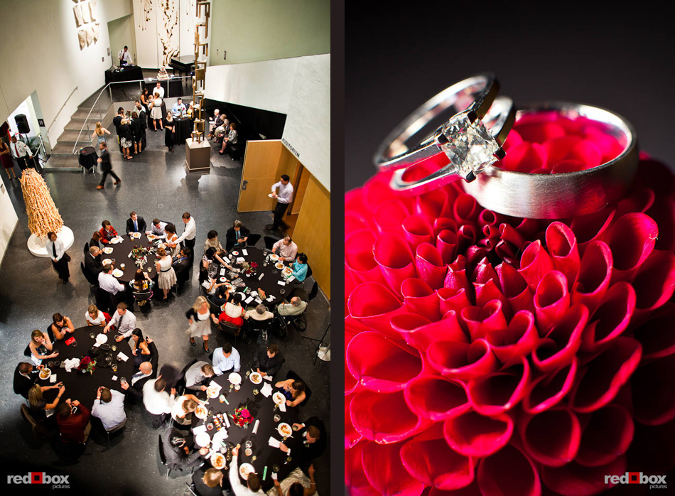 An overall view of Nora and Neill's wedding reception and a closeup of their rings taken at the Bellevue Art Musuem. (Photo by Dan DeLong/Red Box Pictures)