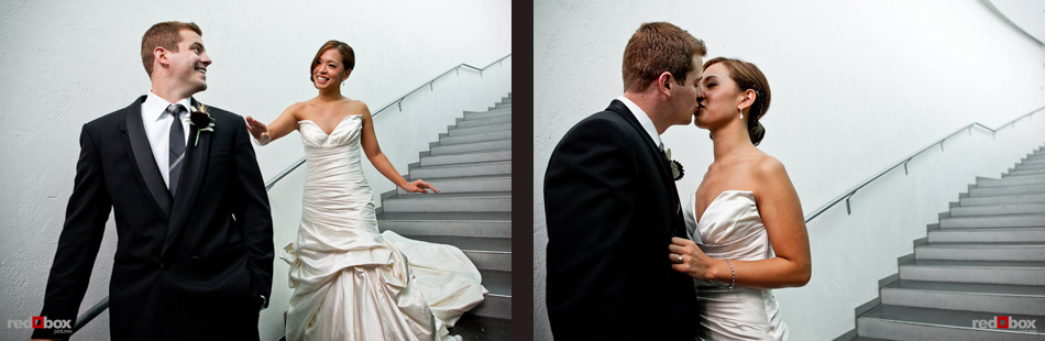 Nora and Neill have their first look on a staircase in the Bellevue Art Museum before being married. (Photo by Dan DeLong/Red Box Pictures)