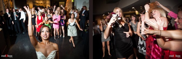 Nora tosses her bouquet during her and Neill's wedding reception at the Bellevue Art Museum in downtown Bellevue, Washington. (Photo by Dan DeLong/Red Box Pictures)