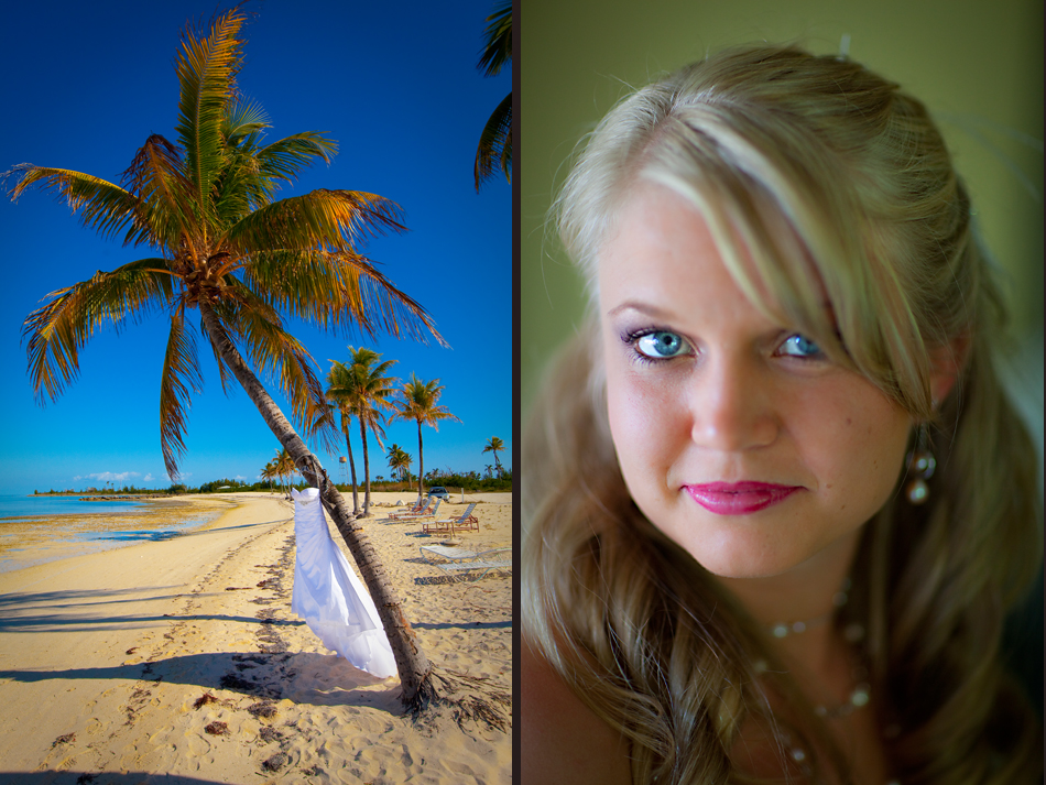 A portrait of the bride and her dress as it hangs on a palm tree before the wedding at the Old Bay Bahama Resort in the Bahamas. (Wedding Photography by Scott Eklund/Red Box Pictures)
