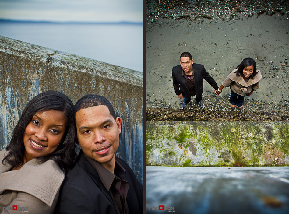 Nick and Tia stand on Alki Beach near the concrete stairs during thier engagement portrait session in West Seattle Sunday, Feb. 13, 2011. (Photography by Andy Rogers/Red Box Pictures)