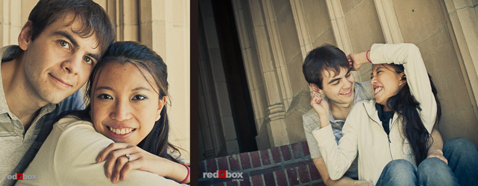 Emily and Mark sit in the entryway to a building at the University of Washington during their engagement portrait session in Seattle. (Photo by Andy Rogers/Red Box Pictures)
